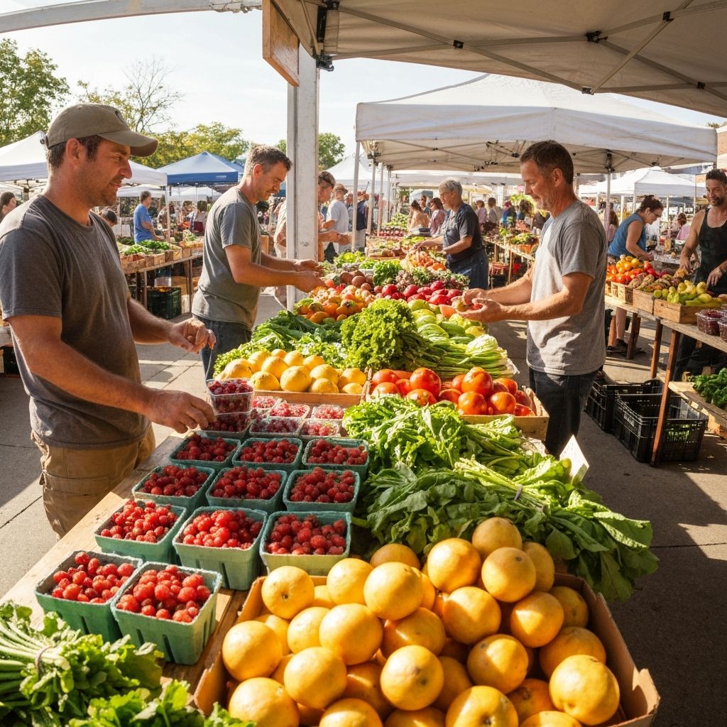 Фермерски пазар със сезонни зеленчуци и фрукти